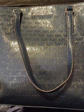 Michael Kors Navy Blue Jet Set Travel Medium Carry All Tote With Monogram Log